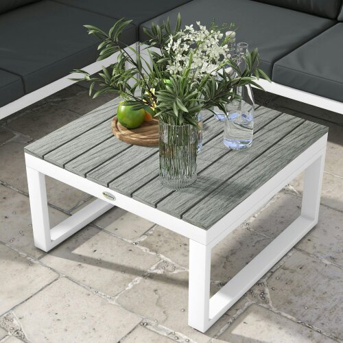 Wyld Haus Vayo Metal White Frame 5 Seater Reclining Corner Garden Sofa Set With Wood Effect Table And Grey Cushions