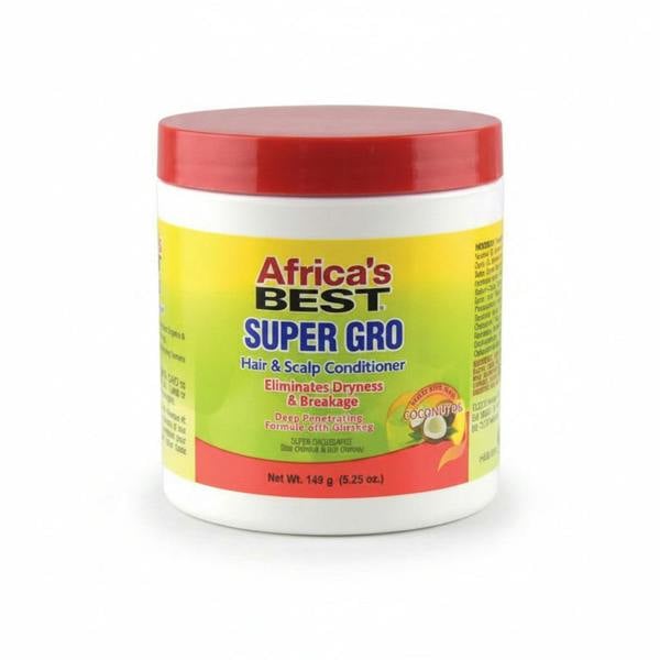 Jar of Africa's Best Super Gro hair and scalp conditioner with a red lid on a white background