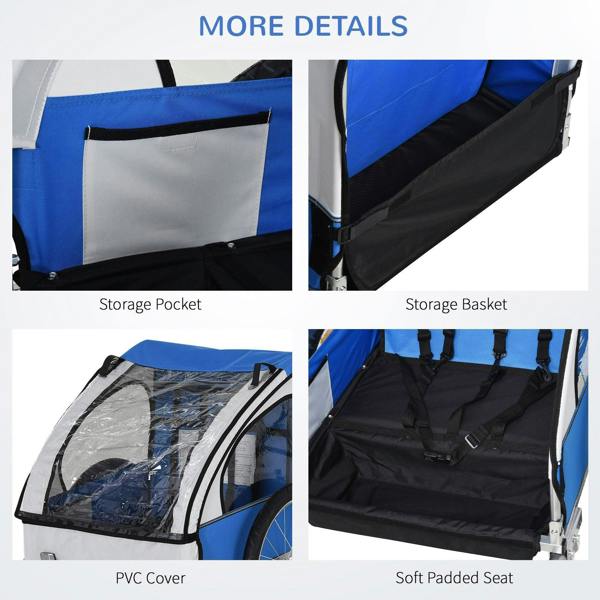 Bike trailer interior with storage pocket, PVC cover, and soft padded two-seat bench