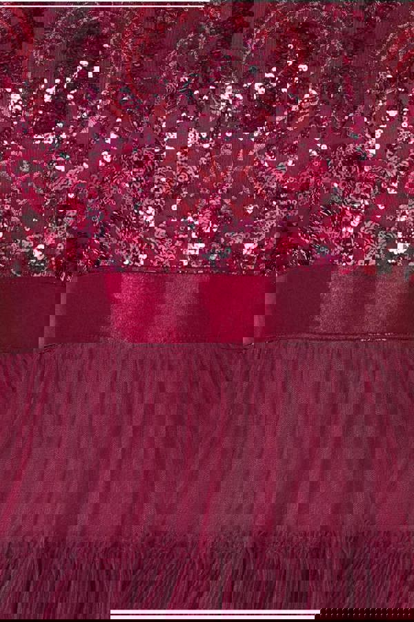 Scallop Bardot Ruffle Mesh Maxi - Burgundy DR3742