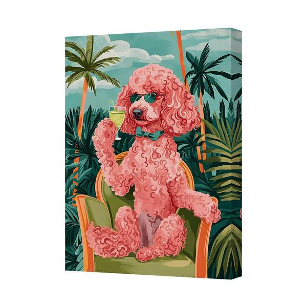 Benjamin Tate Design Pink Poodle in Sunglasses Holding Cocktail on Tropical Canvas Art