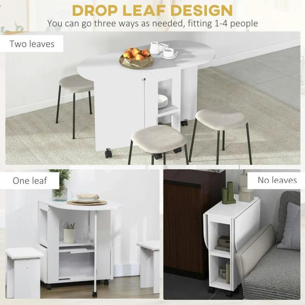 White drop-leaf dining table showing storage unit and different leaf configurations