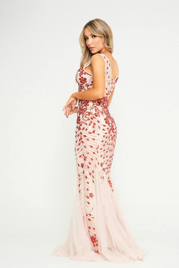LuvForever Vesta - Red Mesh Sequin Maxi Dress