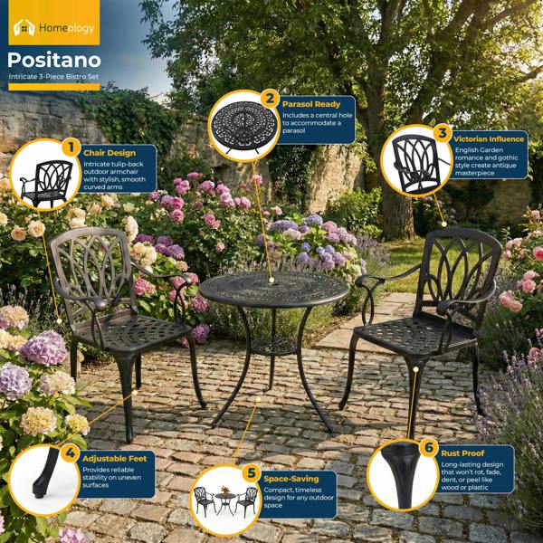 Homeology POSITANO Garden and Patio Table and 2 Large Chairs with Armrests Cast Aluminium Bistro Set - Black