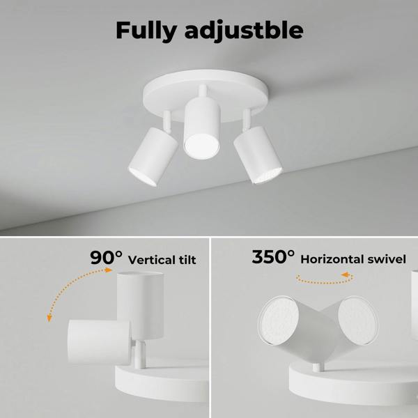 EMITTO 3-Way Spotlight Ceiling Light Adjustable GU10 Modern White Round Base