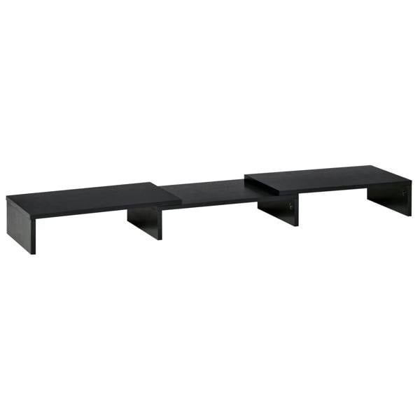 Black dual monitor stand riser with three raised platforms and open center channel