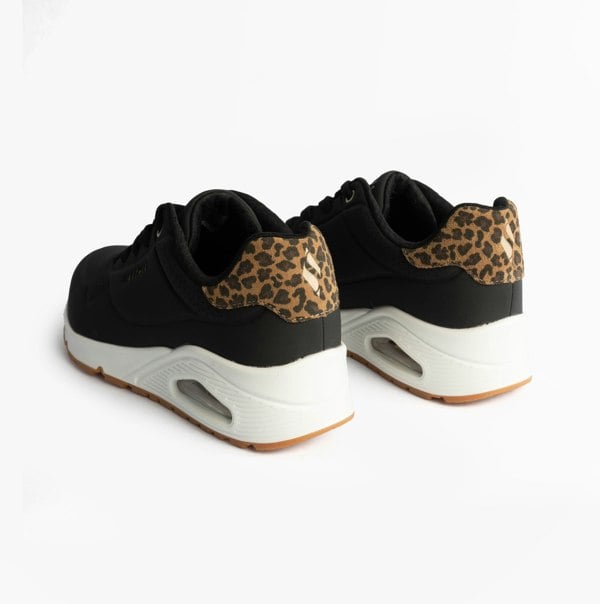Skechers 177093/BKLD UNO-JUNGLE NITE Womens Trainers Black Durabuck/Leopard Printed