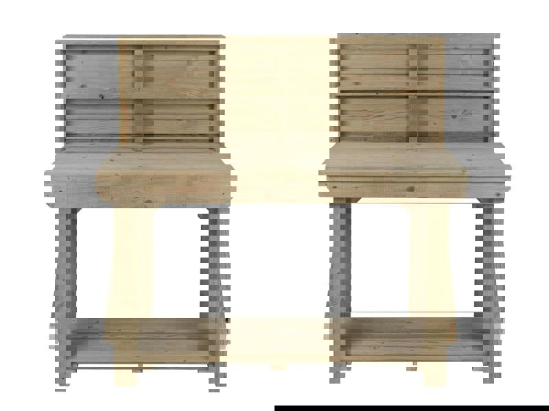 Indoor/Outdoor Pressure-Treated Single Shelf with back panel Workbench, a robust and versatile solution for all your workspace needs. Handcrafted in the UK, this workbench is constructed from high-quality, pressure-treated timber, ensuring durability and resistance to the elements, making it suitable for both indoor and outdoor use.