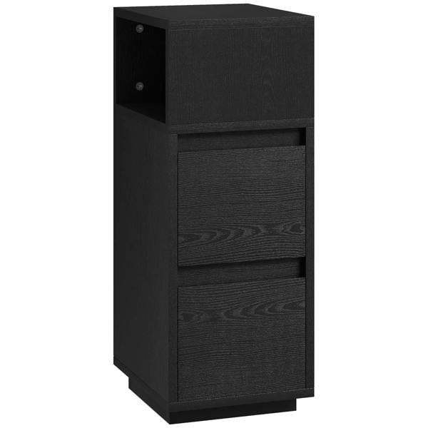 Narrow black bedside cabinet with open shelf and two drawer fronts, slim rectangular