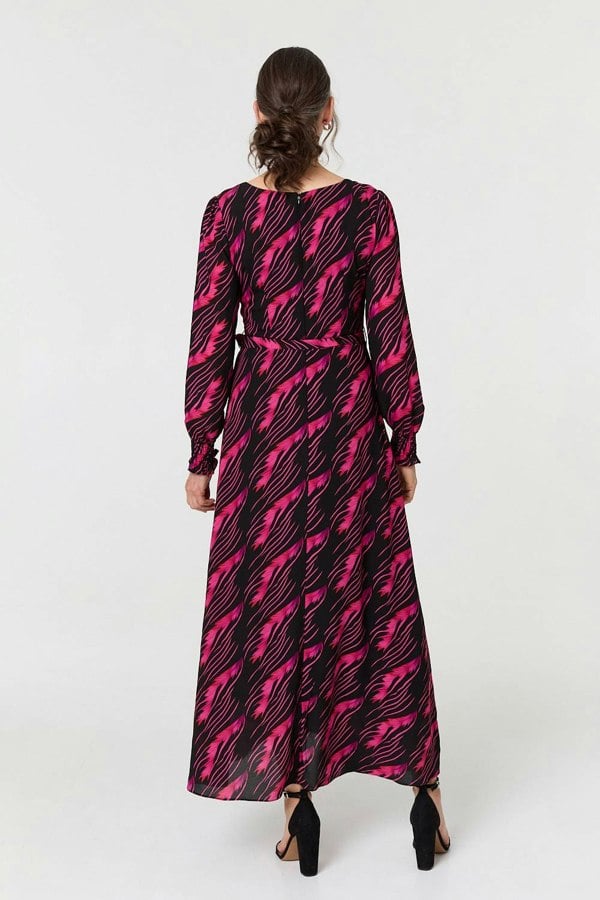 Pink | Printed Tie Waist Semi Sheer Maxi Dress
