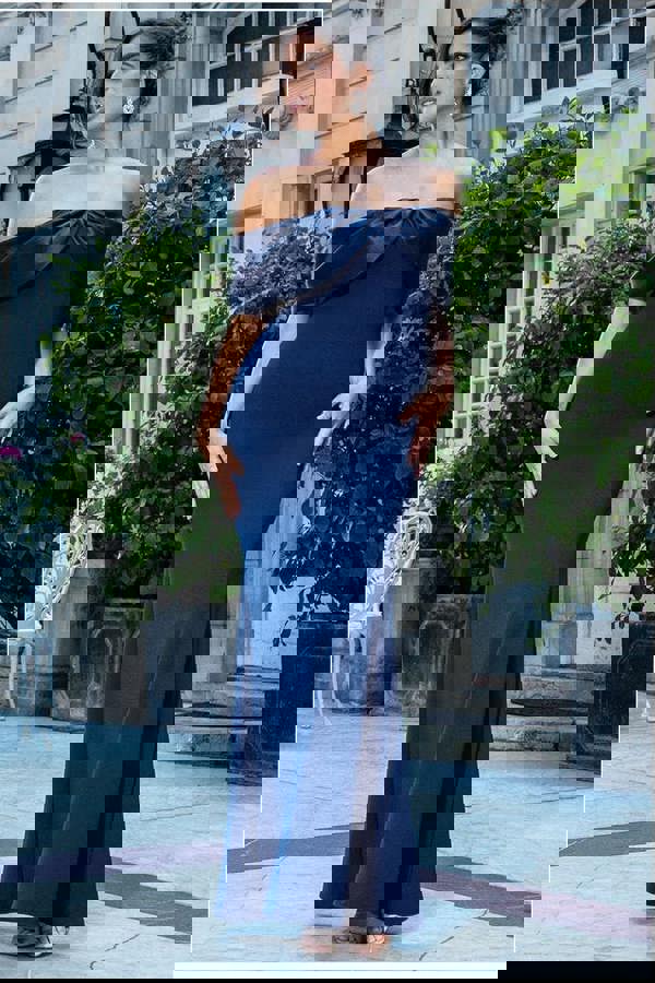 Twist Knot Satin & Scuba Bardot Maxi Dress - Navy Blue DR4575