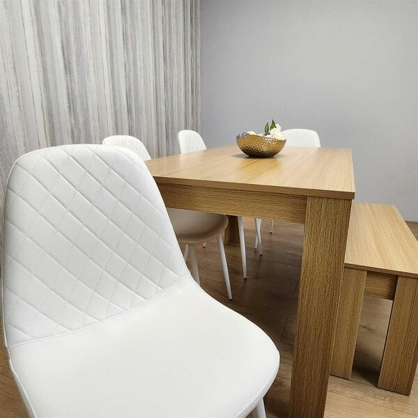 KOSY KOALA 6 Seater Modern Light Wood Dining Table Set with 4 White Gem Pattern Chairs and Bench  H75 x L140 x W80 cm