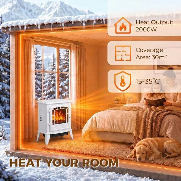 Electric Fireplace Stove, 1000W/2000W, Freestanding Electric Fire with LED Flame Effect, Adjustable Thermostat, White