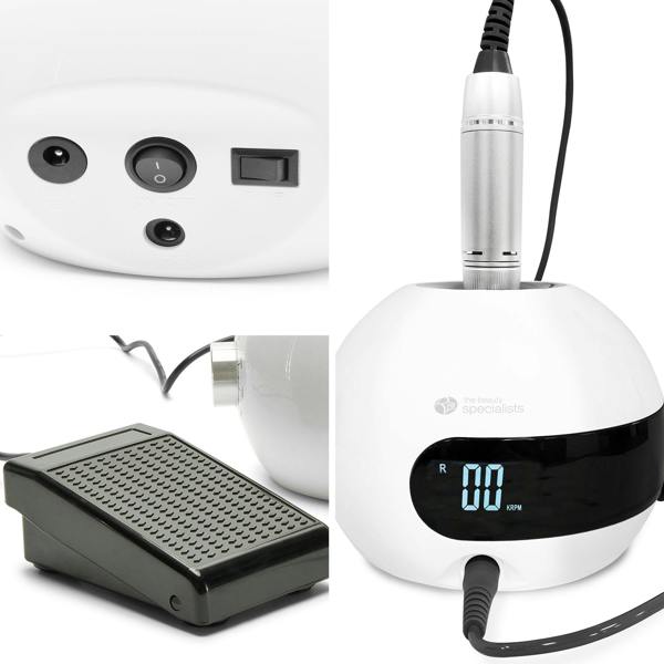 close up of various parts of salon electric nail file including on off switch and cable ports, foot pedal control, and digital display screen