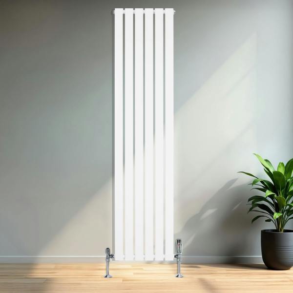 Flat single column radiator in sleek white finish, 1800 x 420mm, featuring vertical bars and modern design, set against a minimalist interior