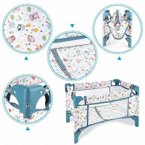 deAO Toys Foldable Baby Doll Crib with Storage Bag – Portable Mesh Doll Bed for 15–18" Dolls, Sturdy Metal Frame, Pretend Play Furniture Gift