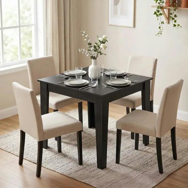 Dining Table for 4, 80L x 80W x 75Hcm, Modern Square Kitchen Table with Wood Effect Tabletop, Black Wood Effect - Black Wood Effect