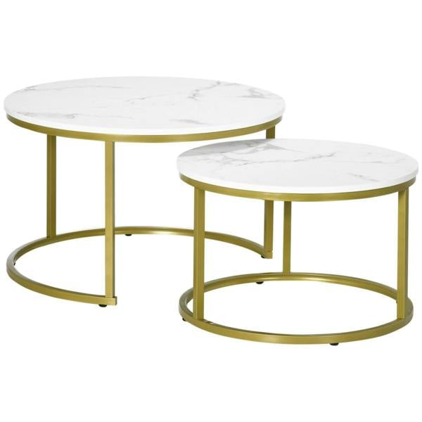 Dyzi Set of 2 Round Nesting Coffee Tables Marble Effect Metal Frame