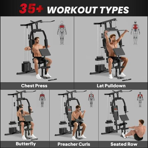 Multi Gym Equipment, 45KG Weight Stack, Chest Press, Butterfly Press & Leg Developer for Strength Training