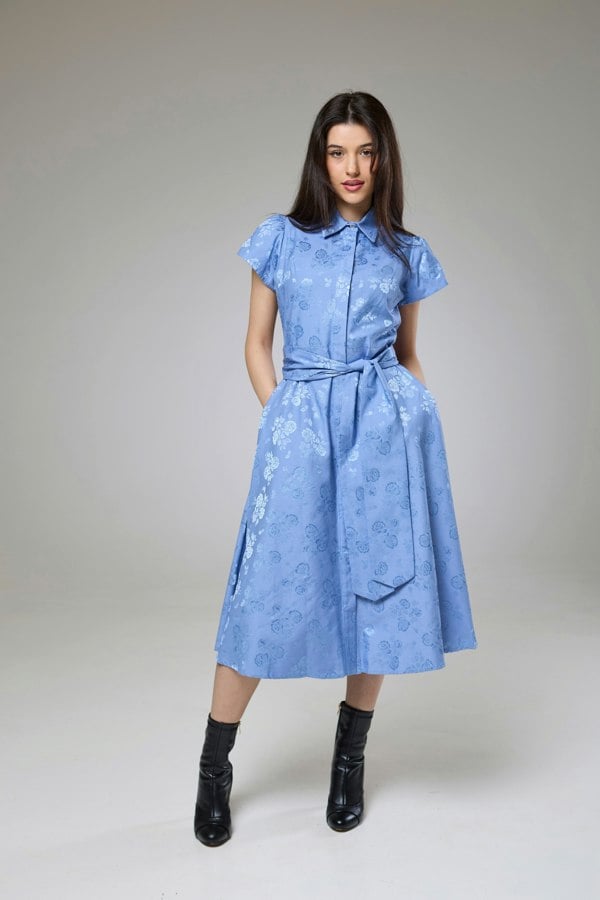 Isha's Timeless collection Sky Blue Petals Short Sleeve Shirt Dress