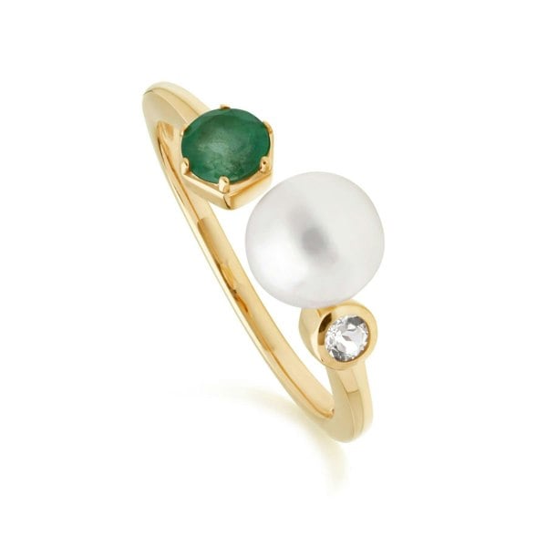 270R058603925 Modern Pearl, Emerald & Topaz Open Ring in Gold Plated Silver 1