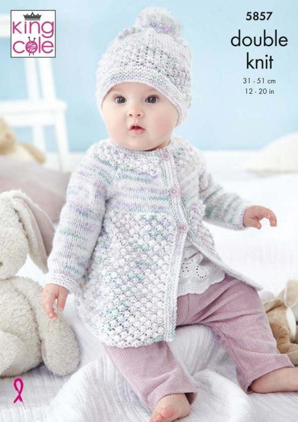 King Cole Little Treasures DK Knitting Pattern 5857, Coats, Tops, Jackets, Headwear for Baby, 12 - 20 Inches
