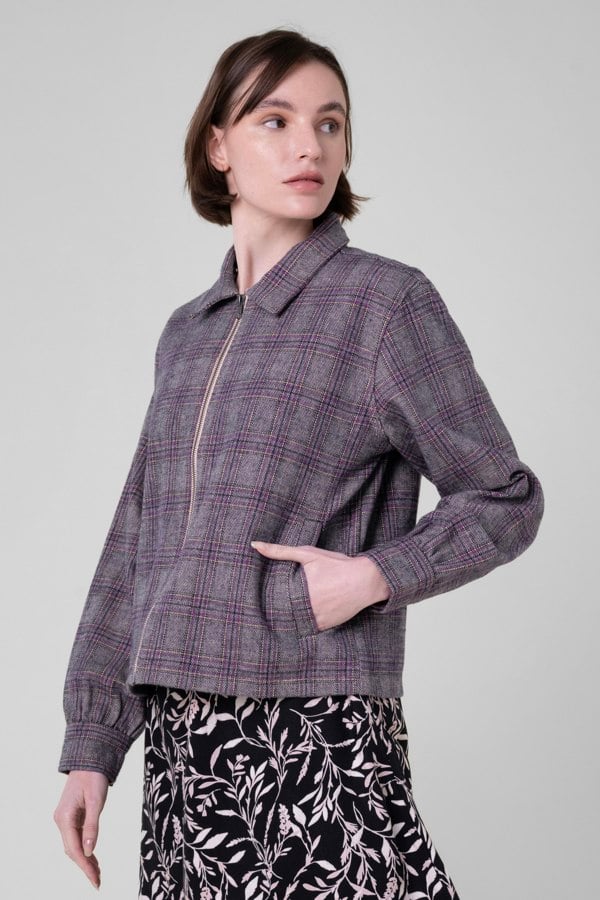 ENORSIA Multicoloured Yarn Dyed Check Cropped Jacket