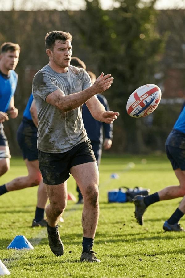 Muddy player passing a white and red Optimum England rugby ball in mid-air during training - Optimum