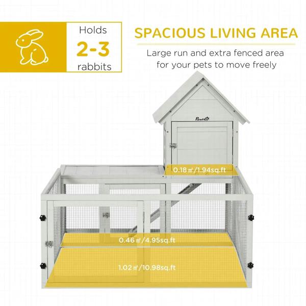 Rabbit hutch interior with ramp, spacious enclosed area, and light grey slide-out tray