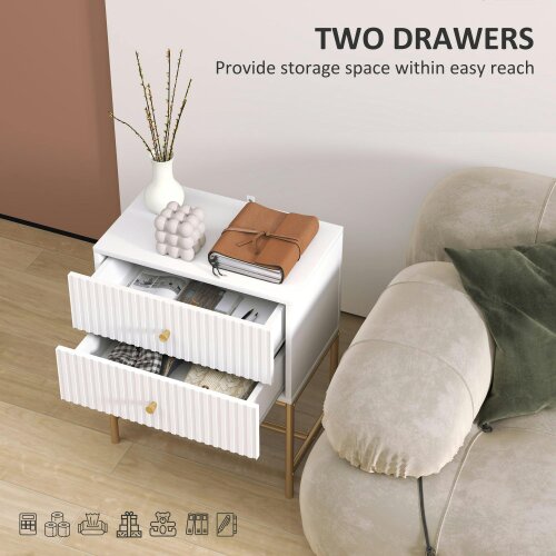 Wyld Haus Lelu Rata White and Gold Elegant 2 Drawer Ribbed Bedside Table