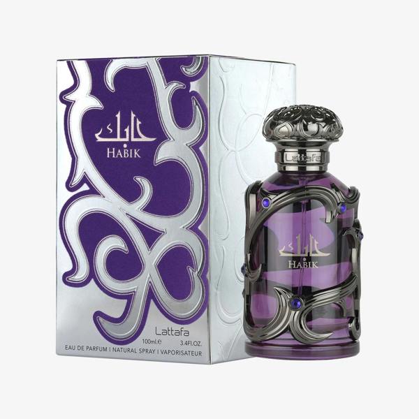 Lattafa Habik for men eau de parfum 100ml displayed with its silver and purple embossed box, showcasing an ornate purple bottle with dark metallic accents in a premium masculine fragrance presentation.