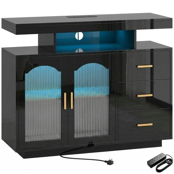 High Gloss Sideboard with LED Lights, Built-in Power Outlets, 3 Drawers, Shelves and 2 Acrylic Doors, Black