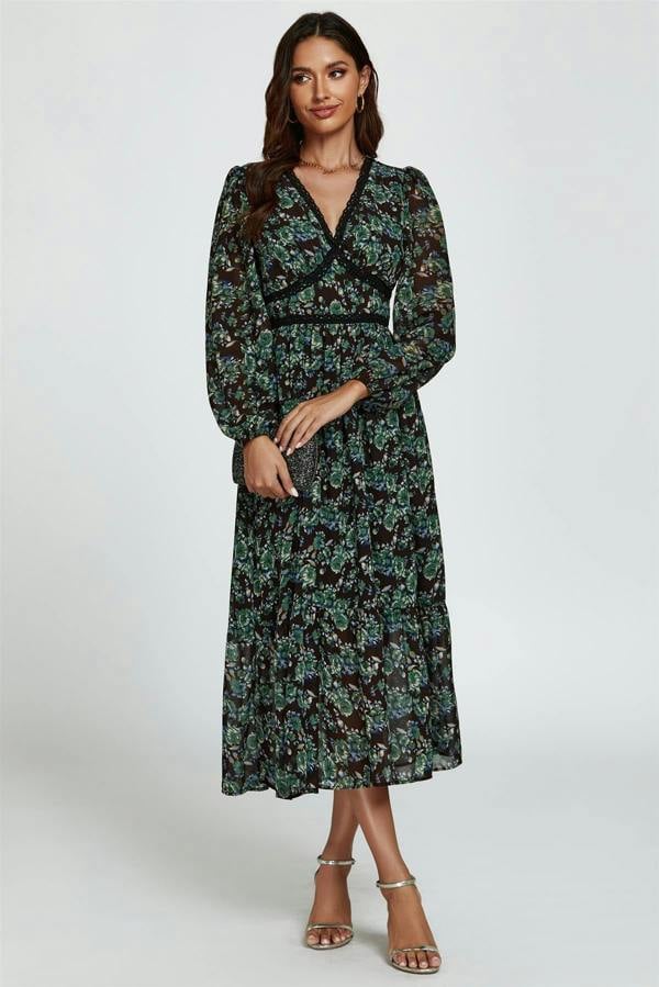 FS Collection Floral Print Long Sleeve Midi Dress In Brown