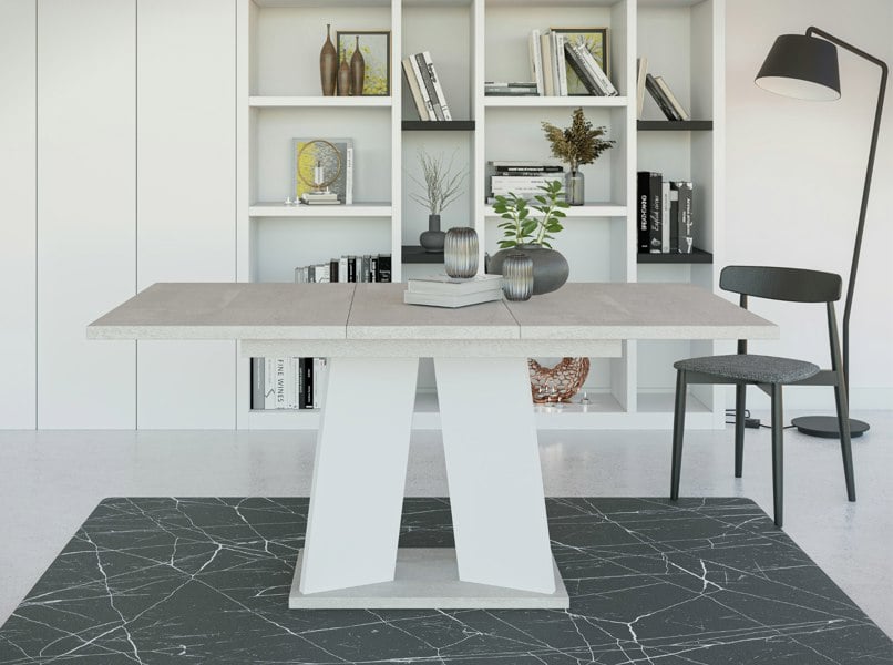 Stylish 160 cm concrete-effect dining table with glossy white base for a modern dining room.