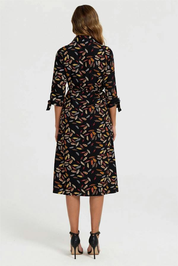 FS Collection Leaf Print Tie On Sleeves Midi Shirt Dress In Black