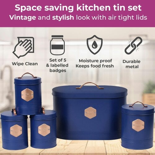 Neo Retro Inspired Matt & Copper 5 Piece Kitchen Canister Set Navy
