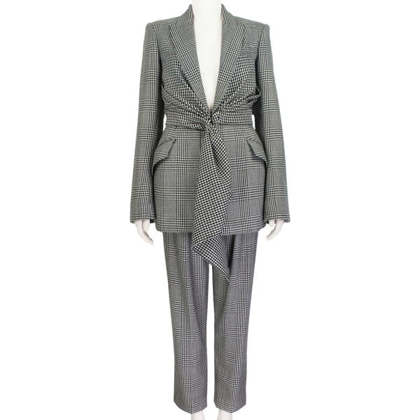 Alexander McQueen black white grey trouser suit with draped jacket blazer