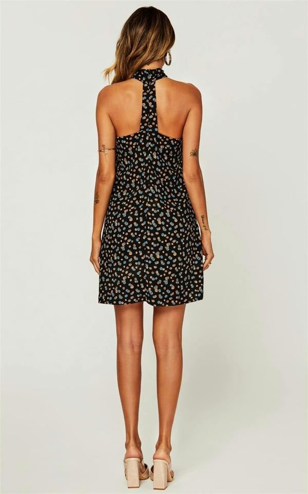 FS Collection Spot Print Halter Neck Back Detail Mini Dress In Black