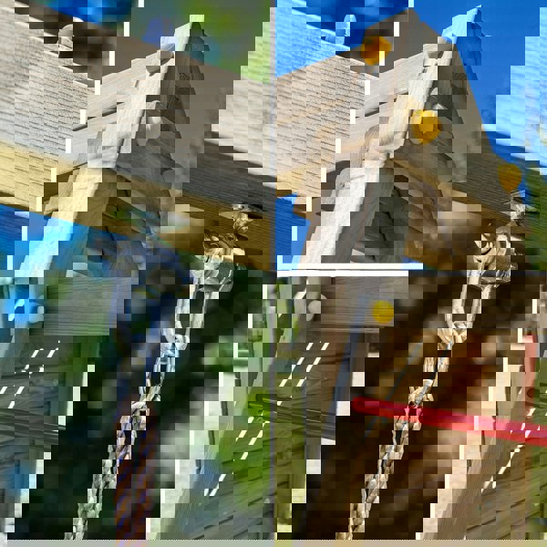 Climbing frame Sky High Hideout featuring double swing, slide and climbing wall - Best Shed