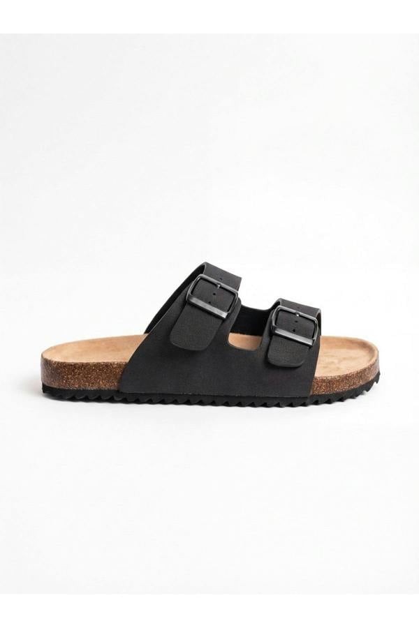 Harper Womens Double Buckle Cork Slide Sandals - BLACK