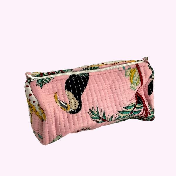 Hayley & Co Jungle Print Cotton Washbag, Make Up Bag, Pencil Case with Waterproof Lining - Jungle Animal Print in Pink