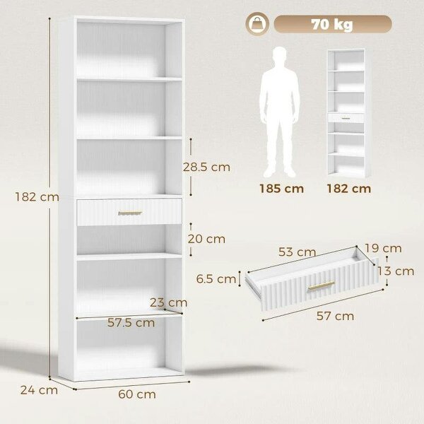 Bookcase Narrow Tall Space-Saving Bookshelf Drawer Open Shelves 60 x 24 x 182 cm White