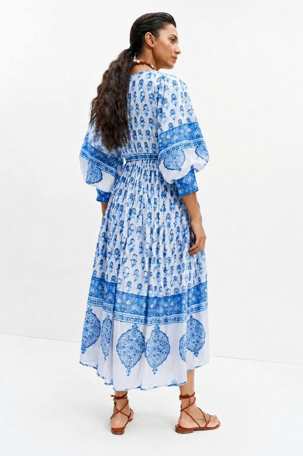 AMELIA FLOATY SLEEVE WOODBLOCK PRINTED COTTON VOILE DRESS