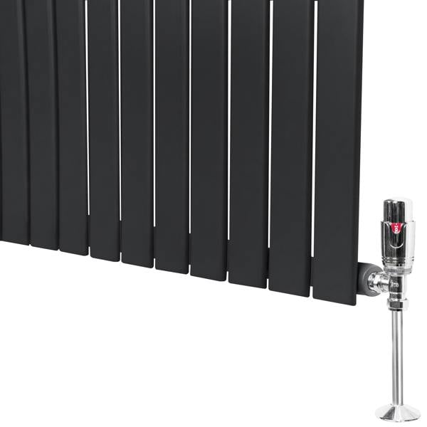 Flat single column radiator in anthracite grey, 1800mm x 280mm, featuring sleek vertical panels and a polished valve for modern decor