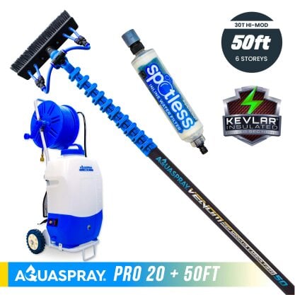 Equip2clean Aquaspray® Venom 50ft 30T High-Mod KEVLAR INSULATED Water-Fed Pole & Spray Tank Pack - Aquaspray Pro 20L Tank - 50ft 30T