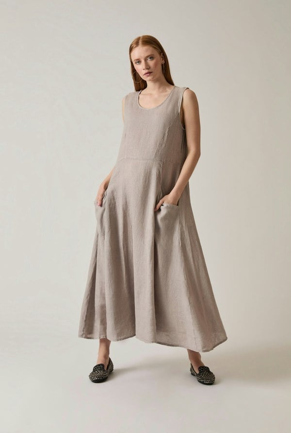 Taupe linen maxi dress sleeveless ankle length