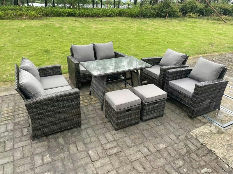 Fimous 8 Seater Outdoor Dark Grey Mixed High Back Rattan Sofa Dining Table Set Garden Furniture Love Sofa Chair 2Stools