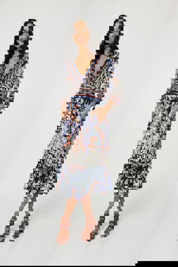 Navy | Floral Border Print V-Neck Midi Dress