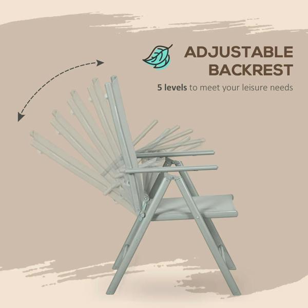 Grey folding reclining garden chair with adjustable backrest in a reclined position.