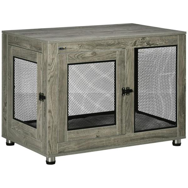 Grey 2-door dog cage side table with mesh panels and hinged front doors